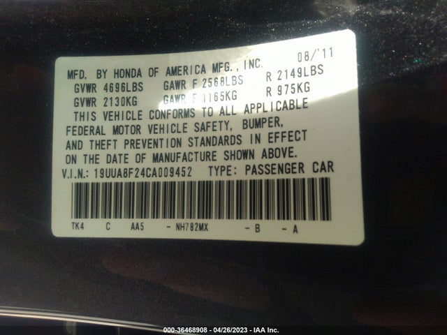 2012 ACURA TL AUTO VIN: 19UUA8F24CA009452