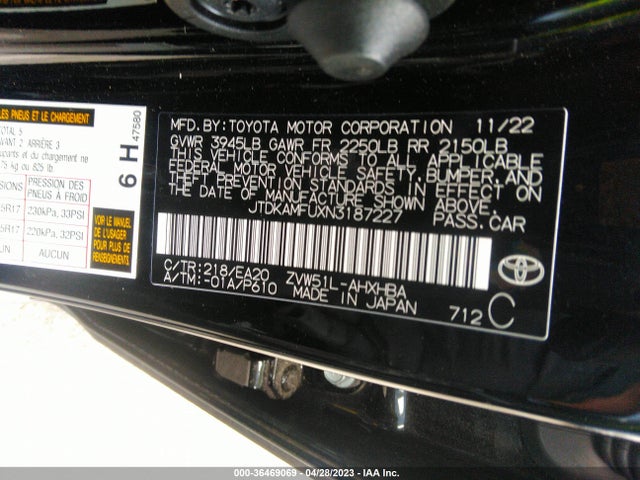 2022 TOYOTA PRIUS L VIN: JTDKAMFUXN3187227