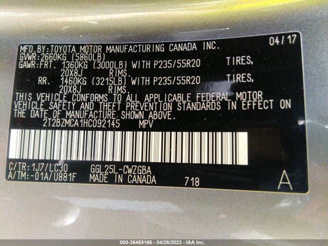 2T2BZMCA1HC092145 Lexus Rx Rx 350