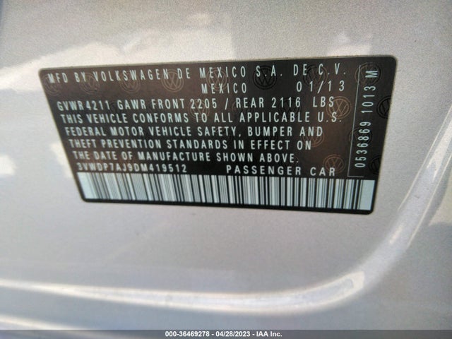 2013 VOLKSWAGEN JETTA SEDAN SE VIN: 3VWDP7AJ9DM419512