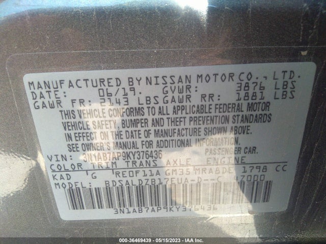 2019 NISSAN SENTRA SV VIN: 3N1AB7AP9KY376436