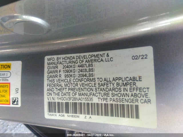 2022 HONDA ACCORD HYBRID SPORT VIN: 1HGCV3F28NA015535