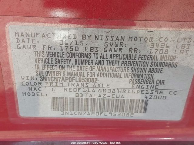 3N1CN7AP0FL953082 Nissan Versa S Plus