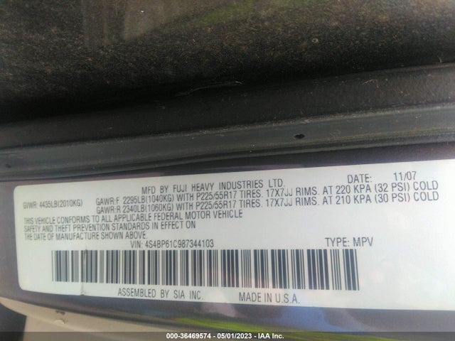 2008 SUBARU OUTBACK I/LL BEAN W/NAV VIN: 4S4BP61C987344103