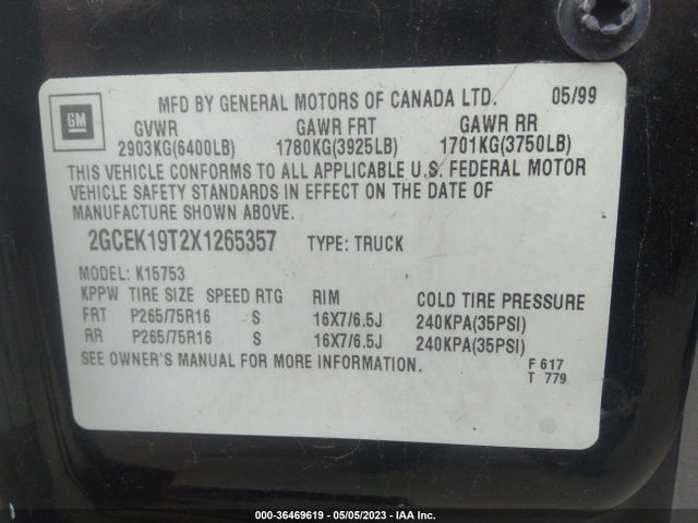1999 CHEVROLET SILVERADO 1500 LT VIN: 2GCEK19T2X1265357