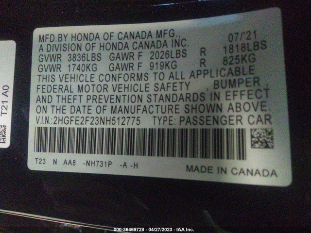 Honda Civic Sedan Lx 2022 2HGFE2F23NH512775 Image 10