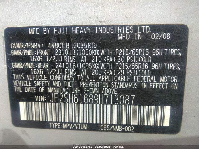 2009 SUBARU FORESTER X VIN: JF2SH61689H713087