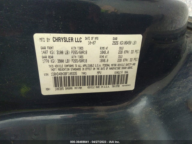 2008 DODGE DURANGO SLT VIN: 1D8HD48N38F109335