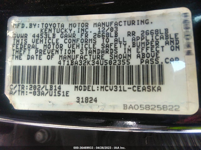 2004 TOYOTA CAMRY SE VIN: 4T1BA32K34U502355