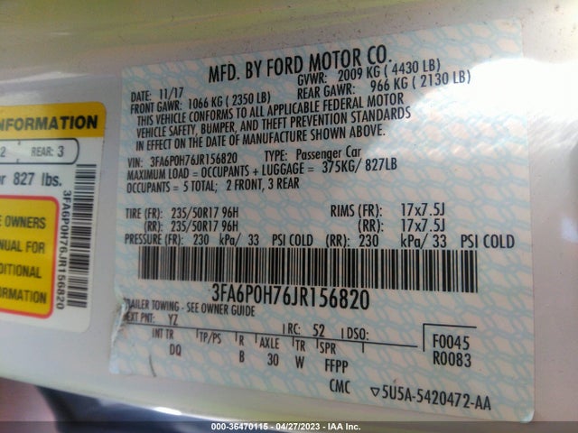 Ford FUSION SE 2018 3FA6P0H76JR156820 Image 10