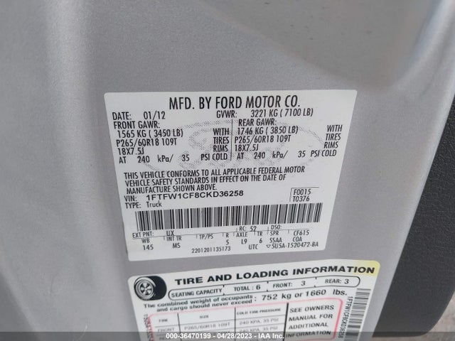 2012 FORD F-150 XL/XLT/FX2/LARIAT VIN: 1FTFW1CF8CKD36258