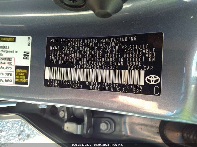 2021 TOYOTA COROLLA LE VIN: 5YFEPMAE8MP178379