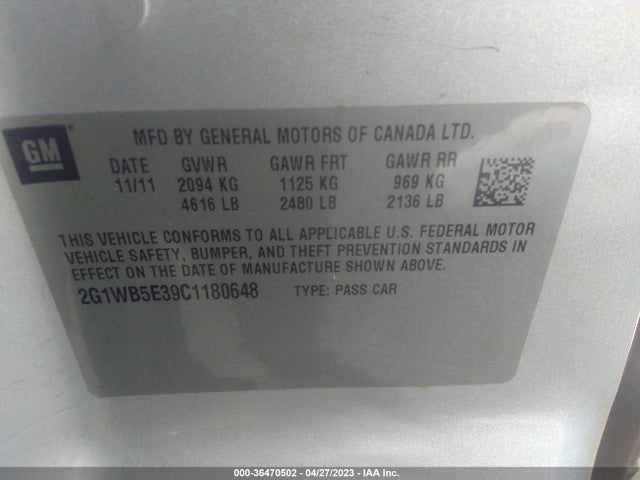 2012 CHEVROLET IMPALA LT RETAIL VIN: 2G1WB5E39C1180648