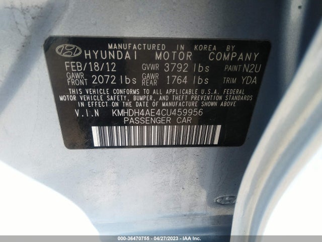 2012 HYUNDAI ELANTRA GLS PZEV VIN: KMHDH4AE4CU459956