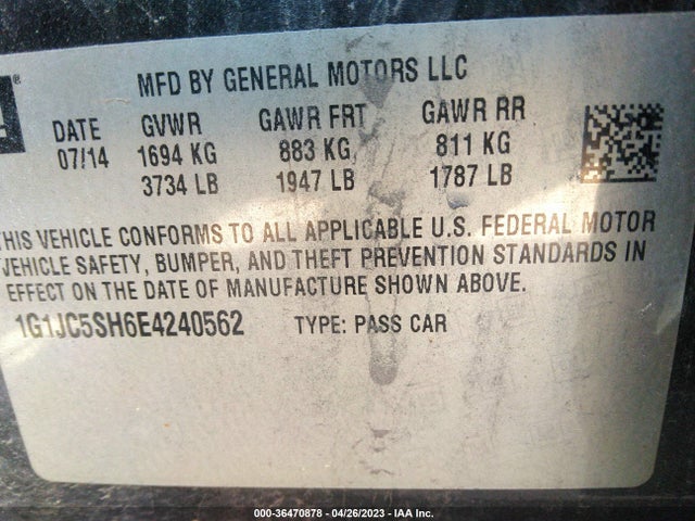 Chevrolet SONIC LT 2014 1G1JC5SH6E4240562 Image 9