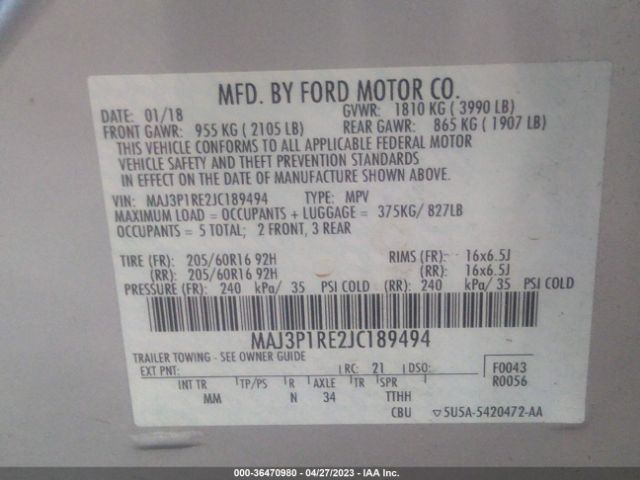 MAJ3P1RE2JC189494 Ford ECOSPORT S