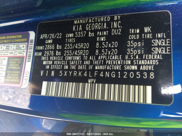 5XYRK4LF4NG120538 KIA SORENTO SX