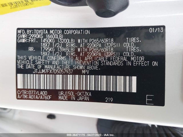 2013 LEXUS GX 460 PREMIUM VIN: JTJJM7FX7D5057937