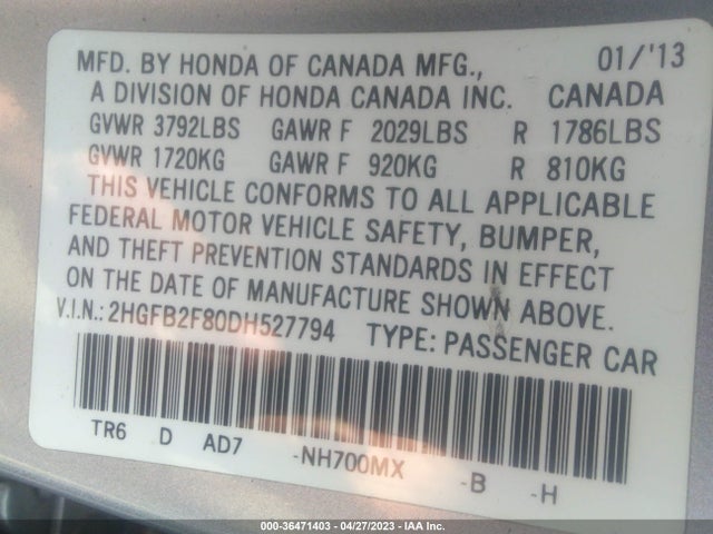 2013 HONDA CIVIC SDN EX VIN: 2HGFB2F80DH527794