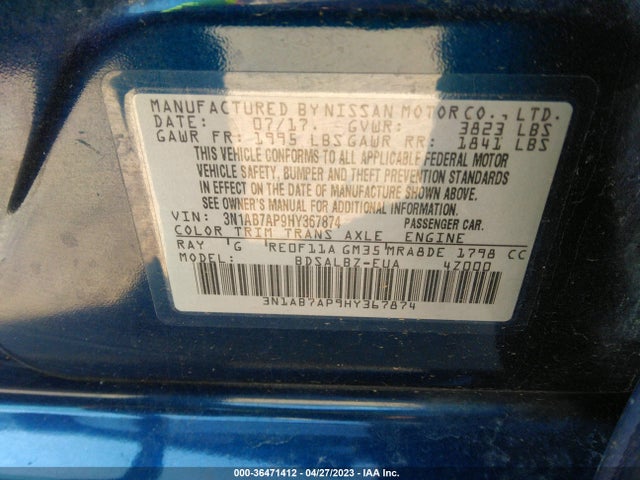 2017 NISSAN SENTRA S VIN: 3N1AB7AP9HY367874