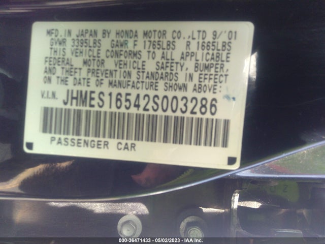 2002 HONDA CIVIC LX VIN: JHMES16542S003286