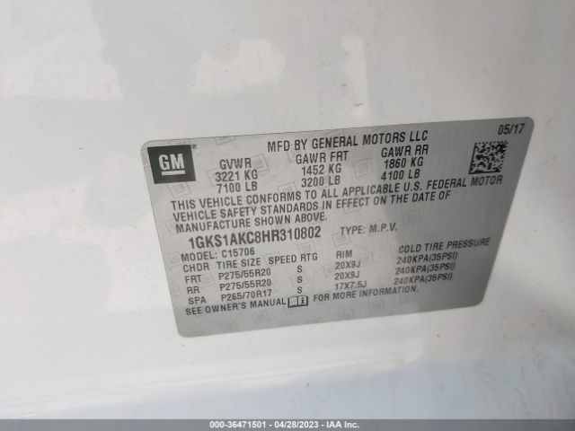 1GKS1AKC8HR310802 GMC YUKON SLE