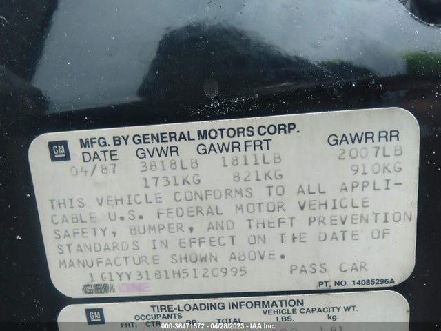 1987 CHEVROLET CORVETTE VIN: 1G1YY3181H5120995