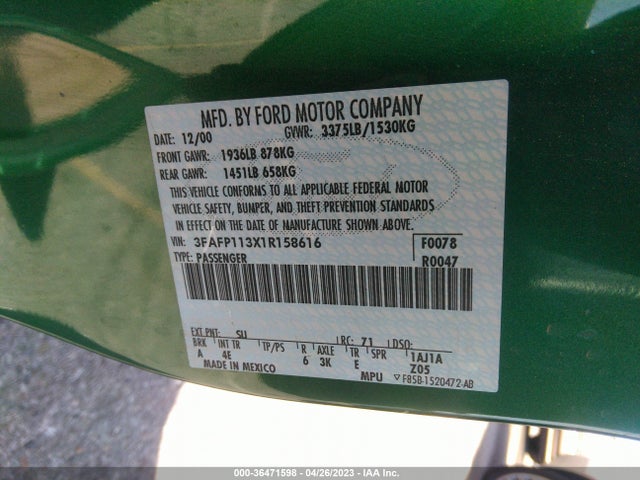 2001 FORD ESCORT ZX2 VIN: 3FAFP113X1R158616