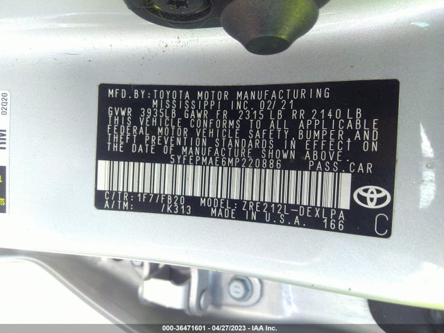 2021 TOYOTA COROLLA LE VIN: 5YFEPMAE6MP220886