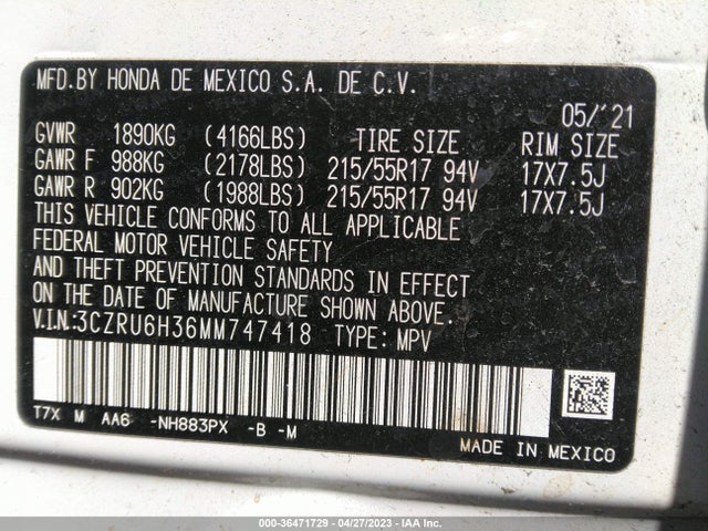 2021 HONDA HR-V LX VIN: 3CZRU6H36MM747418