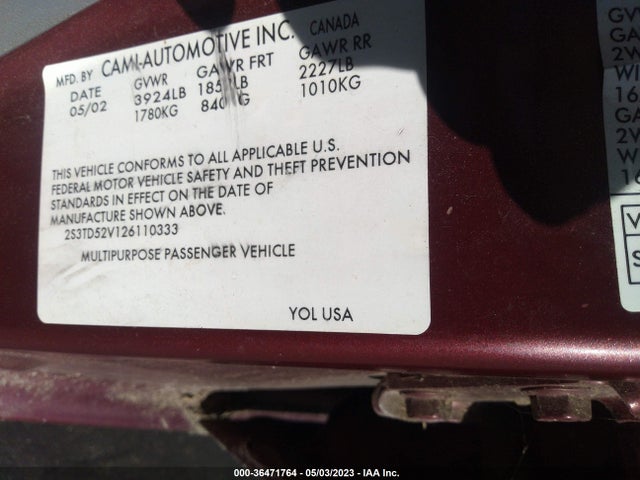 2002 SUZUKI VITARA JLX VIN: 2S3TD52V126110333