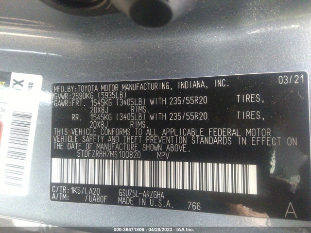 2021 TOYOTA HIGHLANDER PLATINUM VIN: 5TDFZRBH7MS100820