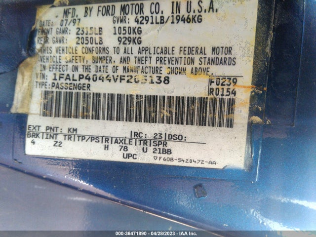 1997 FORD MUSTANG VIN: 1FALP4044VF205138