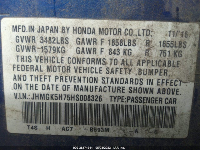 Honda FIT EX 2017 JHMGK5H75HS008326 Image 9