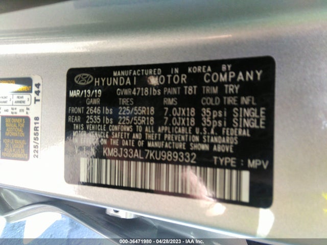 2019 HYUNDAI TUCSON ULTIMATE VIN: KM8J33AL7KU989332