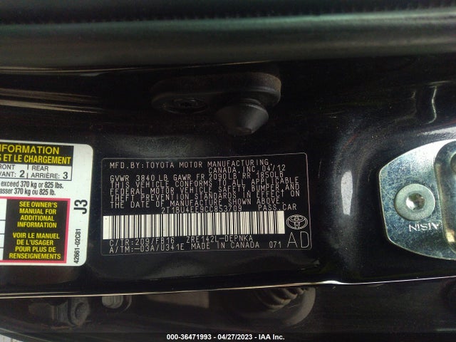 2012 TOYOTA COROLLA L/LE/S VIN: 2T1BU4EE9CC853709