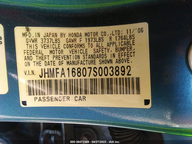 2007 HONDA CIVIC SDN EX VIN: JHMFA16807S003892