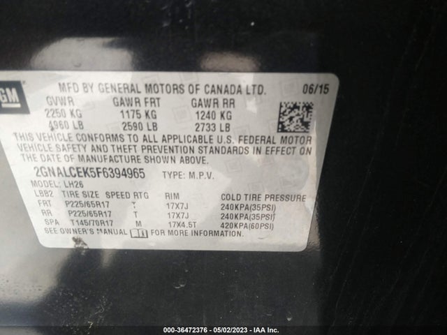 2015 CHEVROLET EQUINOX LT VIN: 2GNALCEK5F6394965