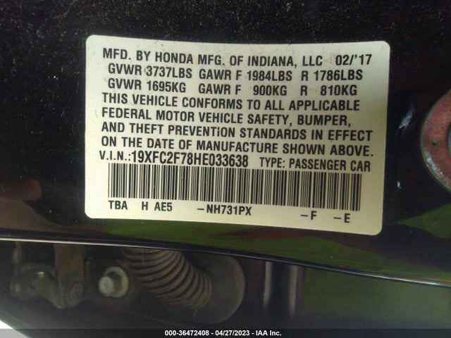 2017 HONDA CIVIC SEDAN EX VIN: 19XFC2F78HE033638