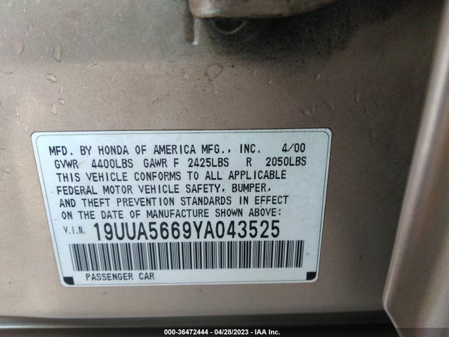 2000 ACURA TL VIN: 19UUA5669YA043525