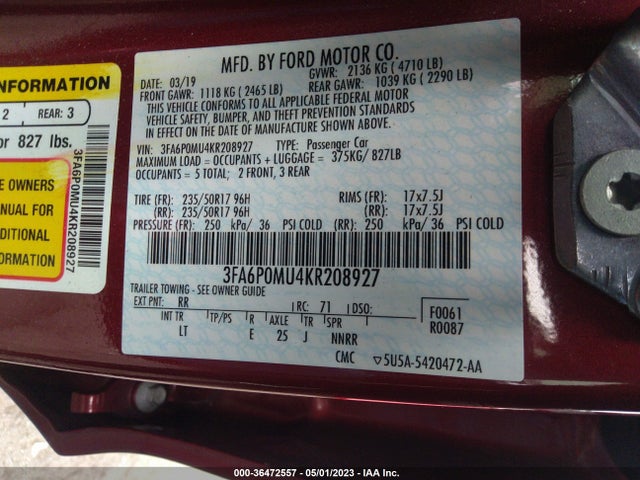 Ford Fusion Hybrid Sel 2019 3FA6P0MU4KR208927 Image 11