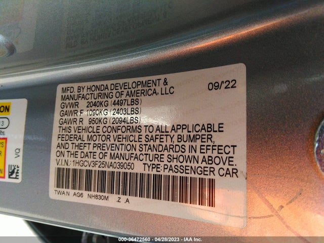 2022 HONDA ACCORD HYBRID SPORT VIN: 1HGCV3F25NA039050