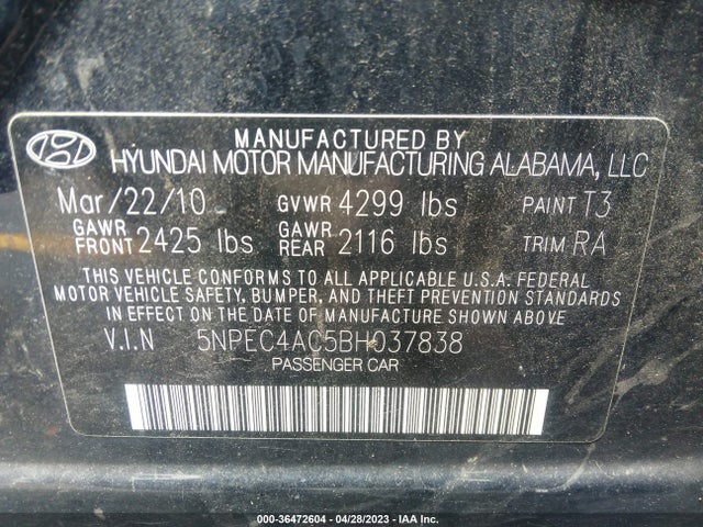 2011 HYUNDAI SONATA LTD VIN: 5NPEC4AC5BH037838