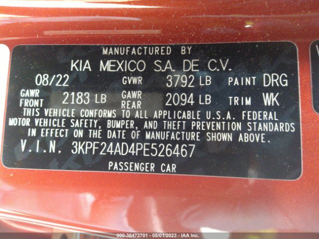 3KPF24AD4PE526467 KIA Forte Lxs