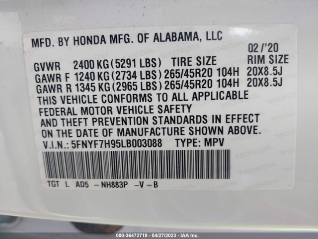 Honda Passport Touring 2020 5FNYF7H95LB003088 Image 9