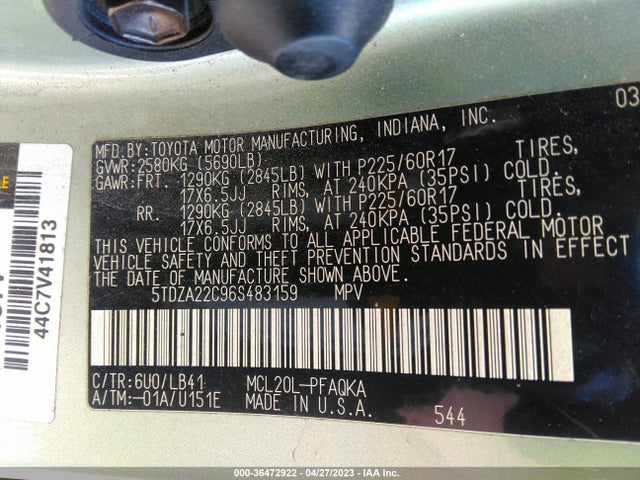 2006 TOYOTA SIENNA XLE VIN: 5TDZA22C96S483159