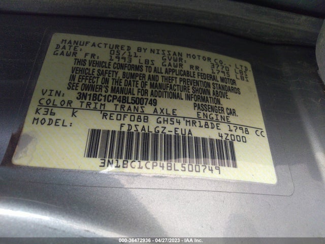 2011 NISSAN VERSA 1.8 SL VIN: 3N1BC1CP4BL500749