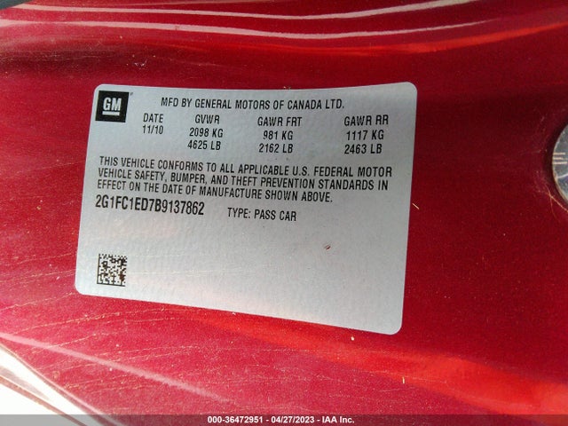 2011 CHEVROLET CAMARO 2LT VIN: 2G1FC1ED7B9137862