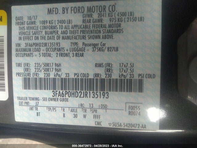 Ford FUSION SE 2018 3FA6P0HD2JR135193 Image 10