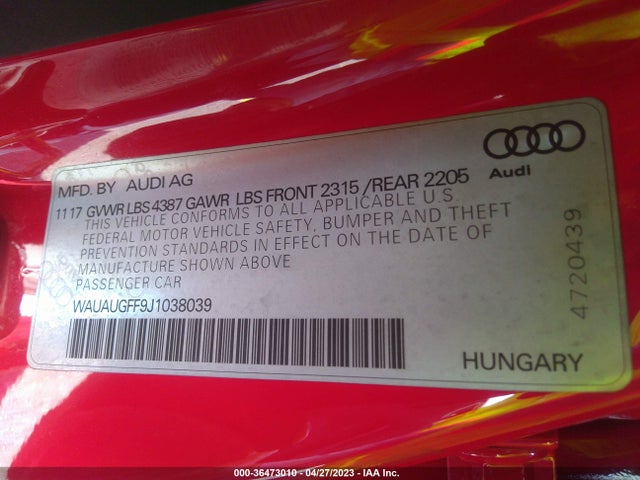 WAUAUGFF9J1038039 Audi A3 Sedan Premium/tech Premium